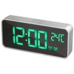 Часы настольные, будильник, электронные с термометром, зеленые цифры, серебро 6,5х14х30 см