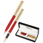 Набор: Ручка шариковая + ручка роллер, корпус-медь, вишневый/золото, синий (Delucci)